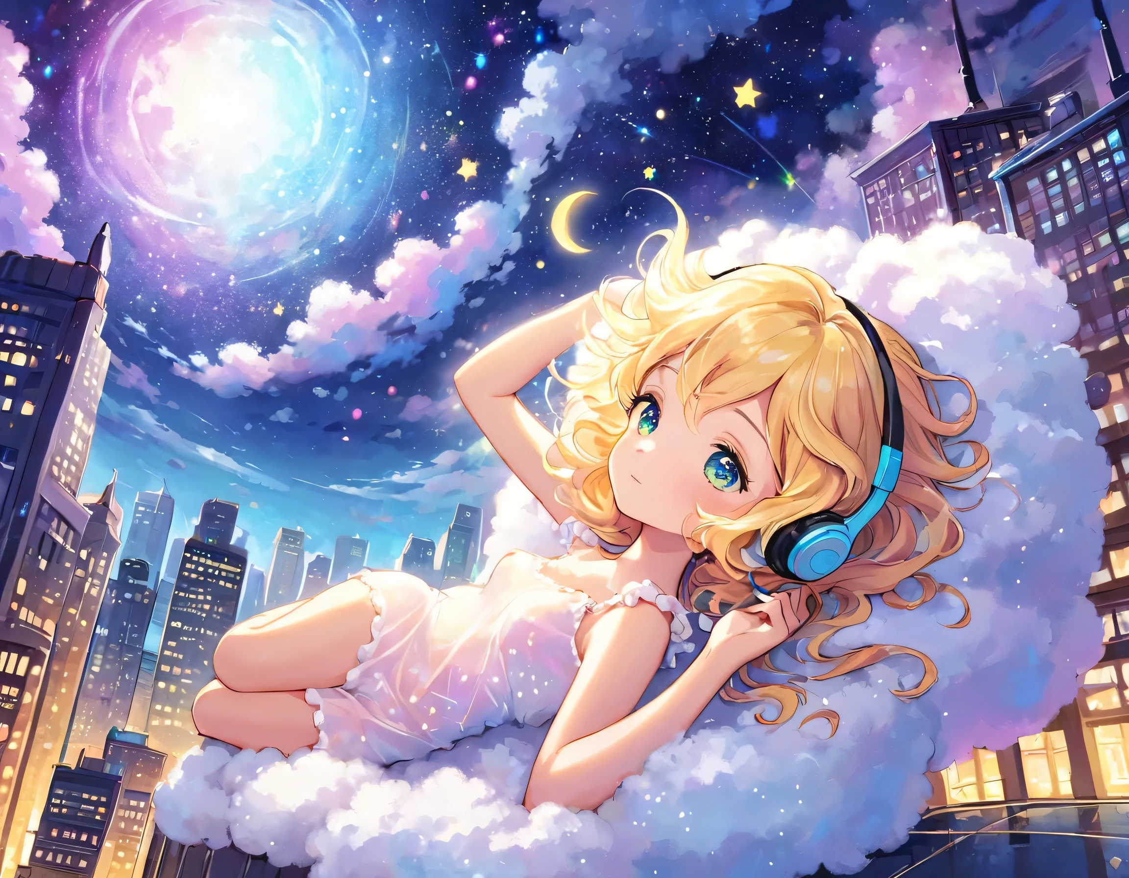 a beautiful 20 year old blonde nude woman with big messy hair, laying on a fluffy cloud, floating gracefully over a small city, cityscape, twinkling stars and glowing moon at night, cute detailed digital art, colorfull digital fantasy art, digital fantasy art ), glossy digital painting, rossdraws pastel vibrant, rossdraws 2. 5, rossdraws 1. 0