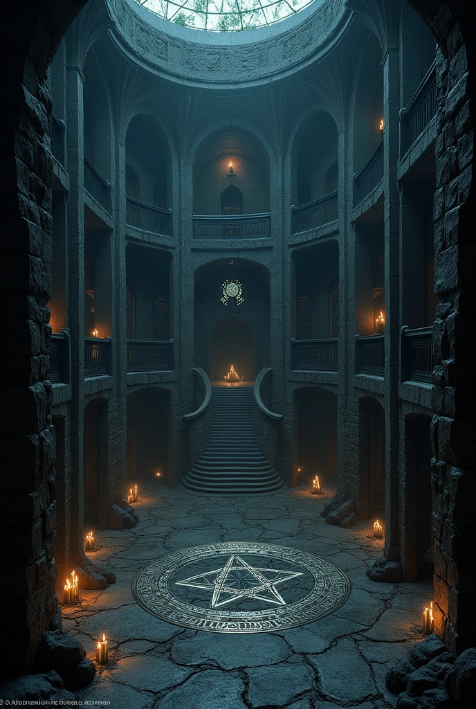 - **Chambers of the Seven Shadows**: Each of the Seven Shadows has its own chamber within the tower, adapted to their powers and preferences. The chambers are interconnected by secret passages and are protected by personalized enchantments. Each chamber reflects the domain of its occupant, be it through simulated storms, intricate labyrinths, magical libraries or other elements that represent their power.

- **Library of the Void**: A vast underground library that contains forbidden tomes, arcane grimoires and ancient scriptures. The books kept here are written in forgotten languages and are read only under the light of black candles, made of enchanted wax. The atmosphere is cold and silent, with shelves that seem to stretch for eternity.

- **Ritual Chamber**: A space dedicated to the conduct of dark rituals and invocations. The floor is marked with a large silver pentagram and surrounded by candles that never go out. The air is imbued with arcane energy, and the ceiling is covered in black mirrors that reflect not only what is in sight, but also other shadowy realities.

- **Garden of Shadows**: An inner garden located in the center of the tower, where exotic plants and flowers that thrive in the shade grow. O Garden of Shadows é um espaço de meditação e comunhão, where the Seven Shadows can gather in moments of reflection. Black water sources and trees with silver leaves create an atmosphere of somber and untouchable beauty.

### Tower Top
At the highest point of the Dark Tower is the **Dark Tower Observatory**, a circular space surrounded by darkened glass windows that offer a panoramic view of the realm. The observatory is equipped with magical instruments that allow observation of not only the physical world, but also the astral spheres and other dimensions. Here, the Seven Shadows can gather to plot and strategize under the eternal sky of shadows.

### Defenses
The Dark Tower is protected by a series of magical barriers