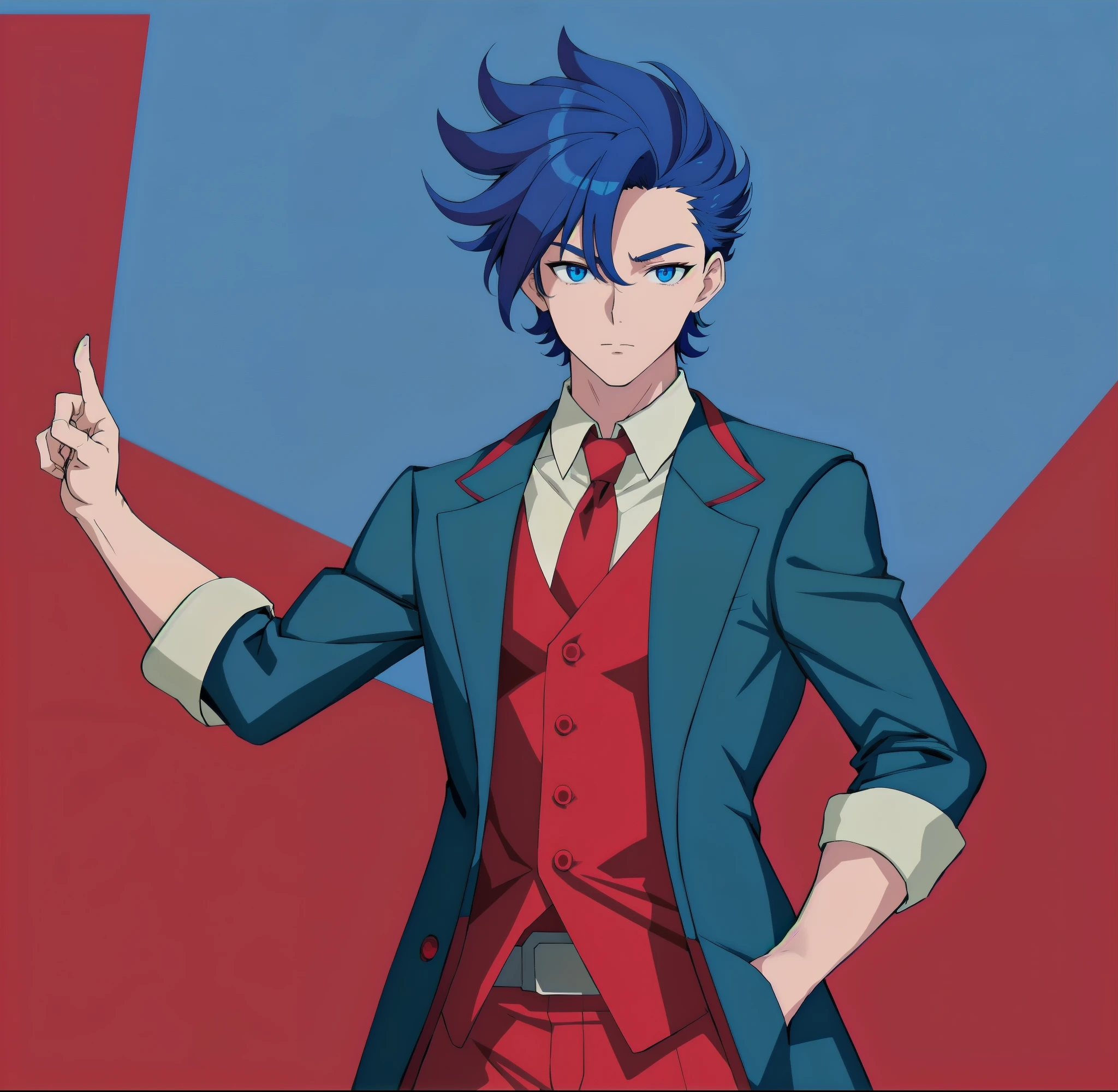 anime boy, dark blue hair, blue eyes, red suit, simple background, pointing, arm outstretched, (beautiful and aesthetic:1. 5), thick black lineart, clean lineart, perfect lineart, sharp lineart, best quality, high quality, best quality, ultra-detailed, HD, beautiful lighting,