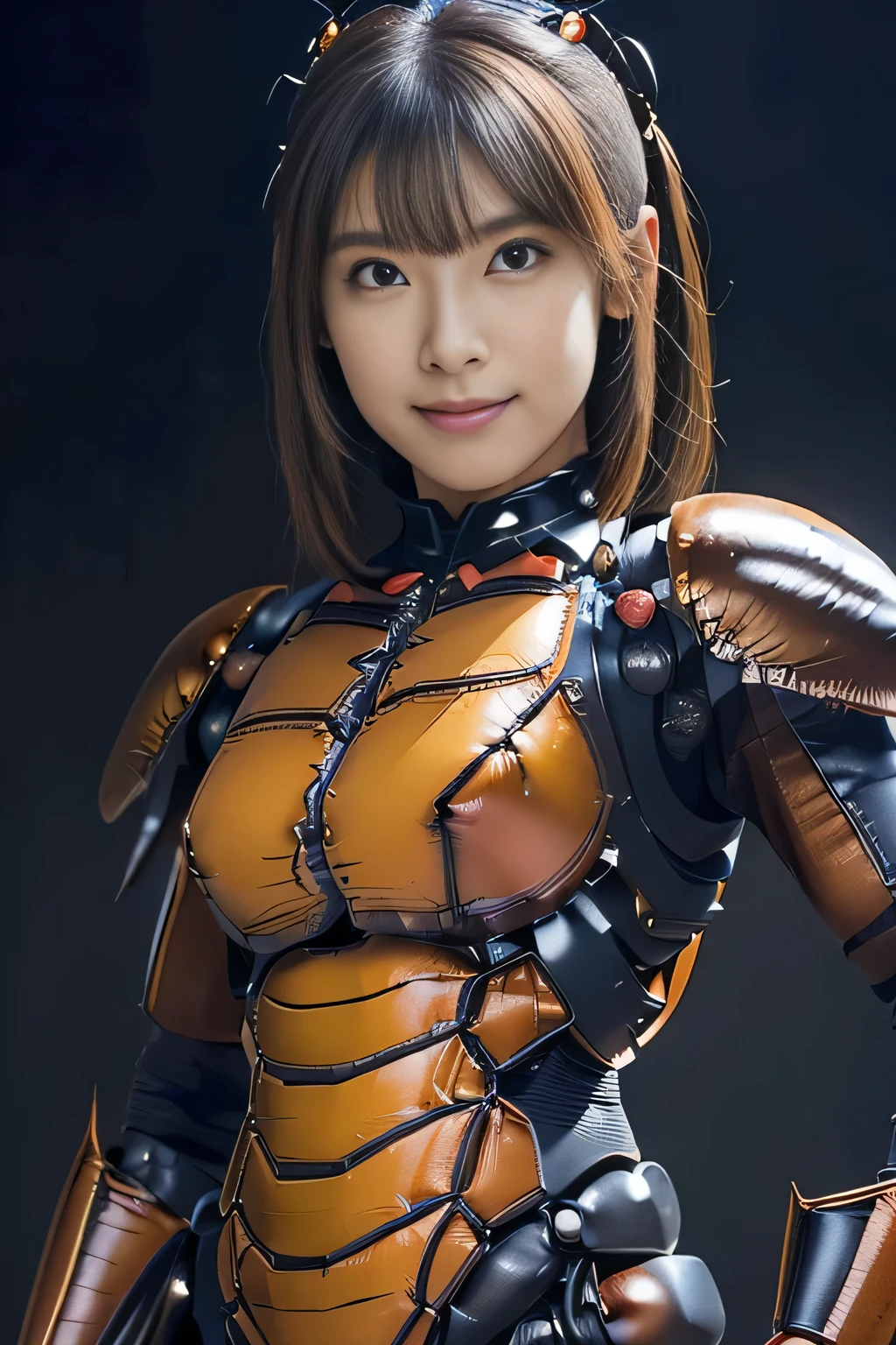 (high resolution,masterpiece,best quality,extremely detailed CG, anime, official art:1.4), realistic, photo, amazing fine details, all intricate, gloss and shiny,awesome many layers, 8k wall paper, 3d, sketch, kawaii, illustration,( solo:1.4), perfect female proportion,villainess, (fusion of dark brown cockroach and lady:1.4), (brown cockroach form lady:1.2), (brown cockroach lady:1.2), (fusion:1.2), (solo:1.4), (evil smile:1.2), muscular, abs, (cockroach brown exoskeleton bio insect suit:1.4), (cockroach brown exoskeleton bio insect armor:1.2), (brown transparency cockroach wing:1.4), (brown cockroach antennae:1.3),