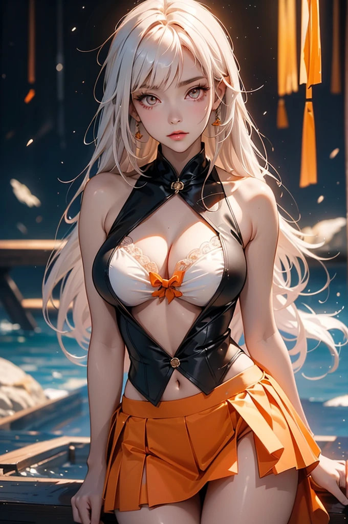 (best quality,high resolution:1.2),Extremely detailed,Practical,photoPractical:1.37,A beautiful girl (Yoruichi Shihouin - Bleach) Fantasy style model,18 years old,Long legs, g cup, Extremely detailed face (Emphasize the orange eyes), dark pink gradually changing to white hair, white short skirt, black bra, exposed shouders, Orange eyes, Red hair roots,White skirt