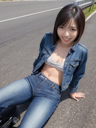 Japanese female, (underweight), (flat chest best quality:1.5), 30 years old, (cheerful grin:1.3),
(jacket), (jeans), (boots) ,Speeding around on an American cruiser motorcycle,