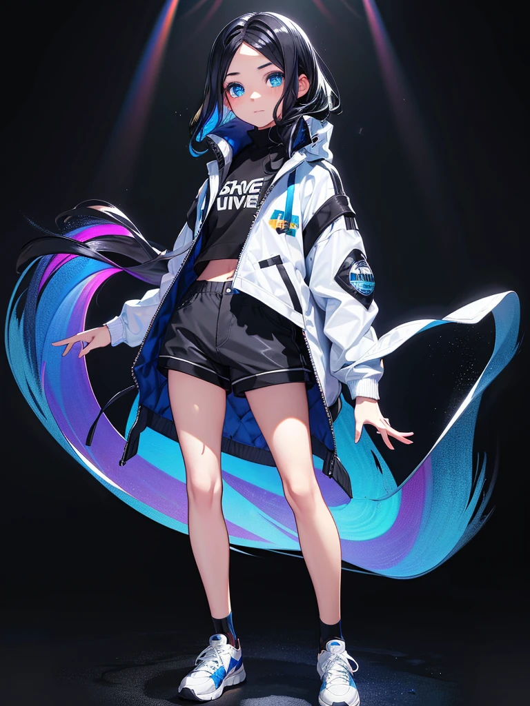 Black background with spotlight, Long eyelashes, Heterochromia iridis,（Blue eyes and rainbow eyes）, Young face, White jacket,Medium Hair, I wore shorts、Wear sneakers、Black hair with blue highlights, whole body