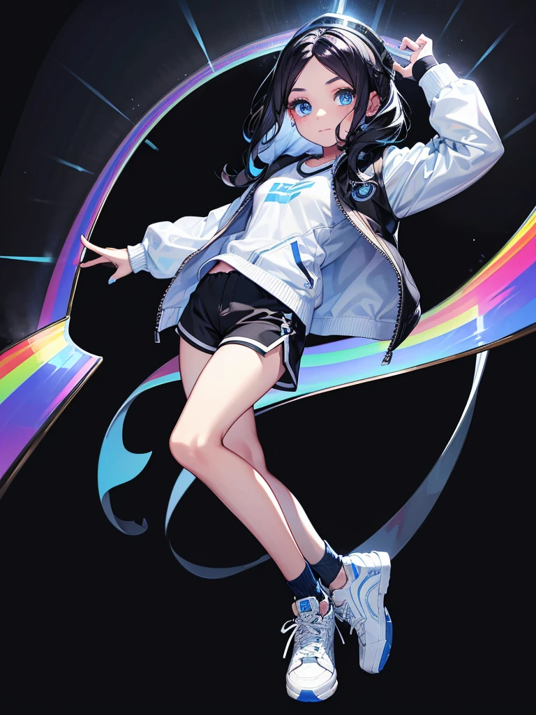 Black background with spotlight, Long eyelashes, Heterochromia iridis,（Blue eyes and rainbow eyes）, Young face, White jacket,Medium Hair, I wore shorts、Wear sneakers、Black hair with blue highlights, whole body