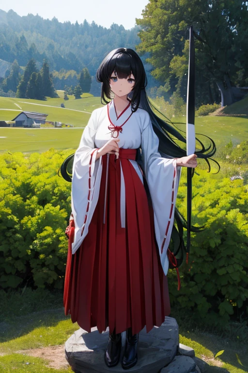 Highest quality, Very detailed,masterpiece,anime, Ultra-high resolution,If you look closely at the eyes, Best illustrations, A very condensed individual, (Very delicate and cute face)、breast enhancement、Beautiful girl,Shrine maiden,Japanese、Black hair, medium length, reaching the shoulders,Green Eyes、黒タイツと黒いインナーシャツの上に伝統的なShrine maiden服を着ている、Leather long boots、Standing with a wooden sword drawn、No background、Characters only、