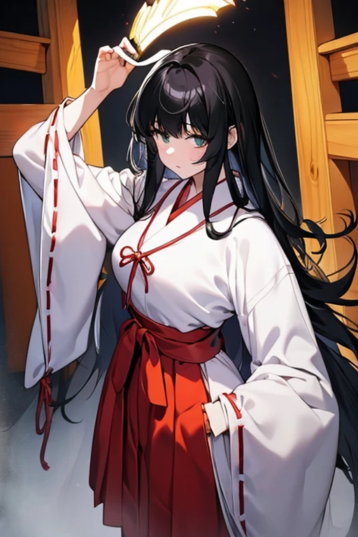 Highest quality, Very detailed,masterpiece,anime, Ultra-high resolution,If you look closely at the eyes, Best illustrations, A very condensed individual, （Very delicate and cute face）、breast enhancement、Beautiful girl，Shrine maiden，Japanese、Black hair, medium length, reaching the shoulders，Green Eyes、黒タイツと黒いインナーシャツの上に伝統的なShrine maiden服を着ている、Leather long boots、Standing with a wooden sword drawn、No background、Characters only、