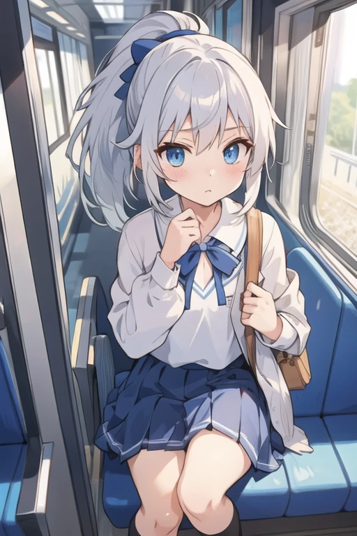hand on window, torn clothes, waitress, small hip, white panties, leaning forward, looking back, clothes lift, long skirt, skirt hold, light blue long hair, train, cry,