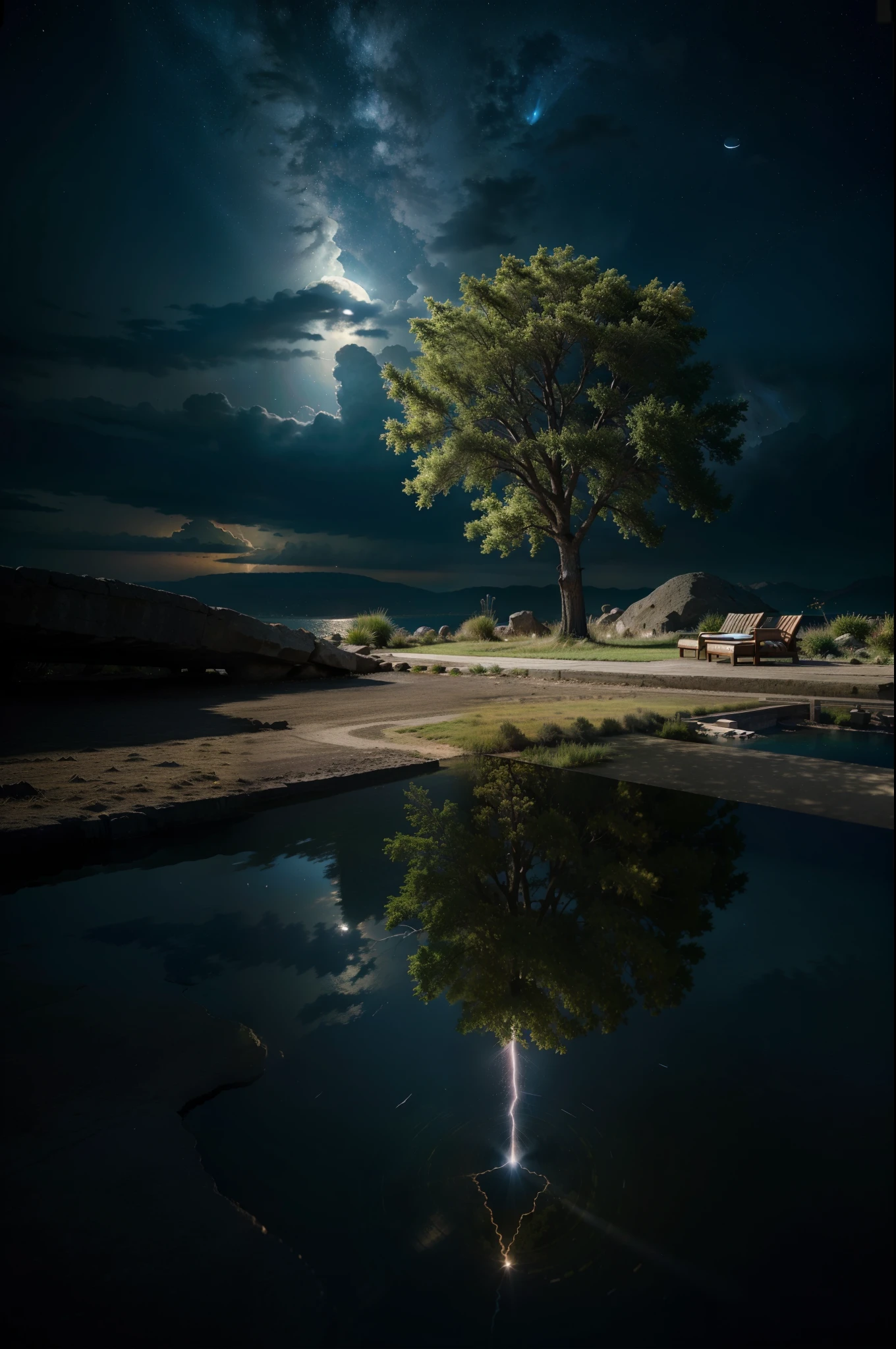 Surrealism, surrealistic, futurist, Surrealism Realm, Sky Surrealism, Celestial Tree, big tree, paisaje, panorama, Sky Heaven, naturey, Moon, fullmoon, moonlight night, palmtrees, Cedars, forst, Rivers of water, Thunder Light, Detailed Realistic FullHD Fotorrealism, Majestic, comely, fire, villany,  Thunders, Sky Thunders, Stars, photorrealistic 6K, UltraHD Detailed, detailed colors 8K, Elegant beauty, floor, stele, lightning strikes, heavens, Divine Sky, tempest, Towards the heavens, heavenly, Godlike, photorrealistic, Rendering, 4K, 8k, detailed textures, detailed shadows, padoru, detailed colors, Gods Sky, UltraHD 16K Details, 16K photorealistic textures, detailed sharpness 16K, detailed sharpness, detailed colors, realistic shadows, Ultra realistic textures, High Power, Natural Beauty, natural colors, realistic contrast, Texturas photorrealistics, detailed colors, lifelike colors, detailed shadows, Textuta photorrealistic FullHD, Sombras photorrealistics 8K, HD photorrealistic, Ultra Realistic 8K Details, Cor photorrealistic 4K, Detailed FullHD Lights, Texturas Detalhadas photorrealistics 8K, Nitidez photorrealistic, villany, detailed 4k, ultra detaild, realistic 8k contrast, detailed sharpness, cores Ultra HD, chic,