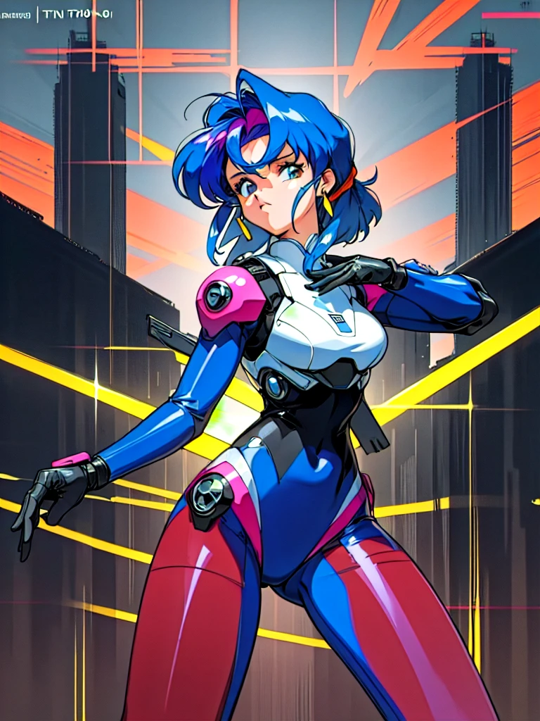 in the art style of "Kenichi Sonoda", 1990s (style), retro art style, Japanese original video animation "Bubblegum Crisis", Sci-fi, Cyberpunk, Neon, Dystopia, Crash and Burn, (On a full moon night, on the rooftop of a high-rise building, a figure is seen wearing a metal hard suit that covers the whole body from head to toe. It is made up of curved surfaces that give it a feminine bodyline.), The main character, "Priss", 1girl, solo, 20yo, Cool beauty, fearless look, fighting stance, Attack posture, looking at viewer, Wearing a hard suit, (masterpiece, very aesthetic, incredibly absurd resolution, absolutely resolution, ultra high resolution, professional, vivid colors, sharp, defined lines, focus on entire screen, asymmetrical, perfect anatomy, ideal facial features, ideally proportioned figure, perfectly beautiful face, perfectly beautiful body, super detailed, anime key-visual, all intricate, overall detailed),
