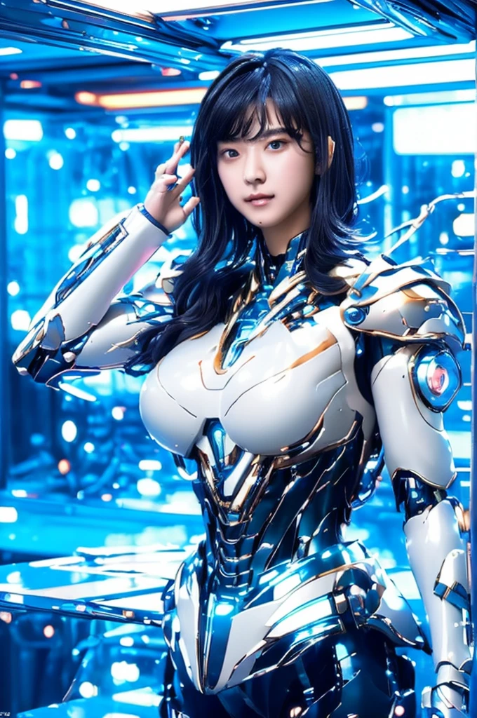 Highest quality, masterpiece, figure, (Realistic, photo-Realistic:1.37), wonderful, In detail, Incredibly absurd, Large file size, Very detailed, High resolution, Very detailed CG Unity 8k wallpaper, Very detailed目と顔, Ray Tracing, Browsing Caution, NUDE, One girl, Korean cyborg girl is innocent and young々Has a sly expression. She poses boldly with her arms raised above her head, Revealing her voluptuous figure. She is wearing a small black mecha armor top that barely covers her breasts., Exposing most of her flawless skin. Her shoulders and head have more armor detailing.、There are shining highlights, Tech Panels and Mechanisms. She is standing against a futuristic cityscape lit up with vibrant neon lights.、Standing full of energy。.