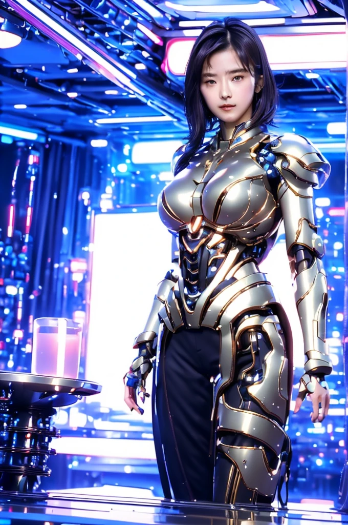 Highest quality, masterpiece, figure, (Realistic, photo-Realistic:1.37), wonderful, In detail, Incredibly absurd, Large file size, Very detailed, High resolution, Very detailed CG Unity 8k wallpaper, Very detailed目と顔, Ray Tracing, Browsing Caution, NUDE, One girl, Korean cyborg girl is innocent and young々Has a sly expression. She poses boldly with her arms raised above her head, Revealing her voluptuous figure. She is wearing a small black mecha armor top that barely covers her breasts., Exposing most of her flawless skin. Her shoulders and head have more armor detailing.、There are shining highlights, Tech Panels and Mechanisms. She is standing against a futuristic cityscape lit up with vibrant neon lights.、Standing full of energy。.