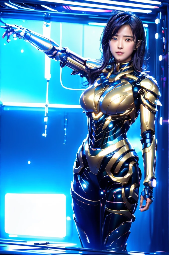 Highest quality, masterpiece, figure, (Realistic, photo-Realistic:1.37), wonderful, In detail, Incredibly absurd, Large file size, Very detailed, High resolution, Very detailed CG Unity 8k wallpaper, Very detailed目と顔, Ray Tracing, Browsing Caution, NUDE, One girl, Korean cyborg girl is innocent and young々Has a sly expression. She poses boldly with her arms raised above her head, Revealing her voluptuous figure. She is wearing a small black mecha armor top that barely covers her breasts., Exposing most of her flawless skin. Her shoulders and head have more armor detailing.、There are shining highlights, Tech Panels and Mechanisms. She is standing against a futuristic cityscape lit up with vibrant neon lights.、Standing full of energy。.