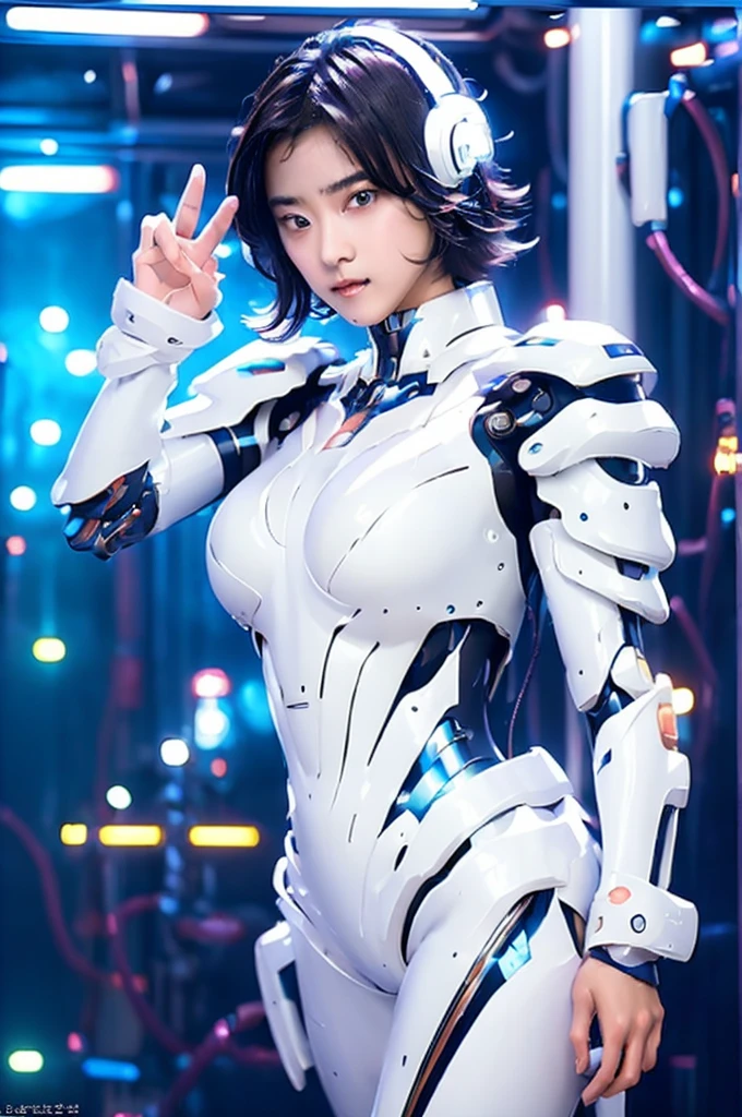 Highest quality, masterpiece, figure, (Realistic, photo-Realistic:1.37), wonderful, In detail, Incredibly absurd, Large file size, Very detailed, High resolution, Very detailed CG Unity 8k wallpaper, Very detailed目と顔, Ray Tracing, Browsing Caution, NUDE, One girl, Korean cyborg girl is innocent and young々Has a sly expression. She poses boldly with her arms raised above her head, Revealing her voluptuous figure. She is wearing a small black mecha armor top that barely covers her breasts., Exposing most of her flawless skin. Her shoulders and head have more armor detailing.、There are shining highlights, Tech Panels and Mechanisms. She is standing against a futuristic cityscape lit up with vibrant neon lights.、Standing full of energy。.