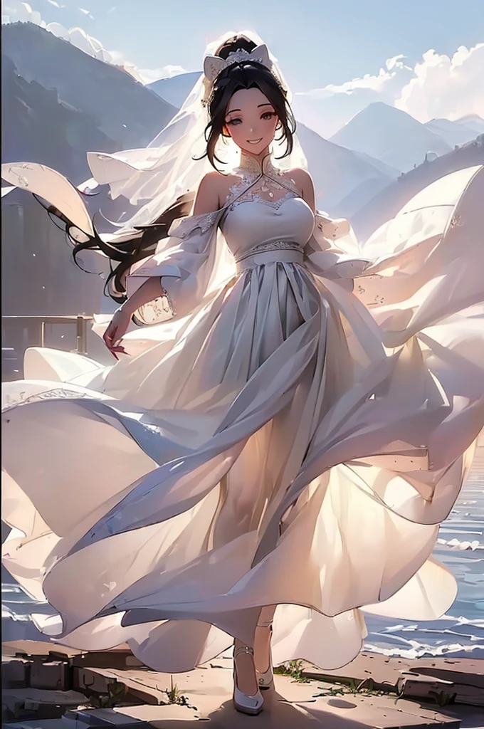 ((((High resolution, Intricate details, masterpiece, 8k)))), (((beautiful, Wedding dress, Shape of Light))), ((One Woman, full body, Smiling)), (Black Hair, Forehead, Long Hair, ponytail, slender, Glowing Skin), from front, looking at viewer, look at viewer, Mountain top, noon, Wind, blue sky, 