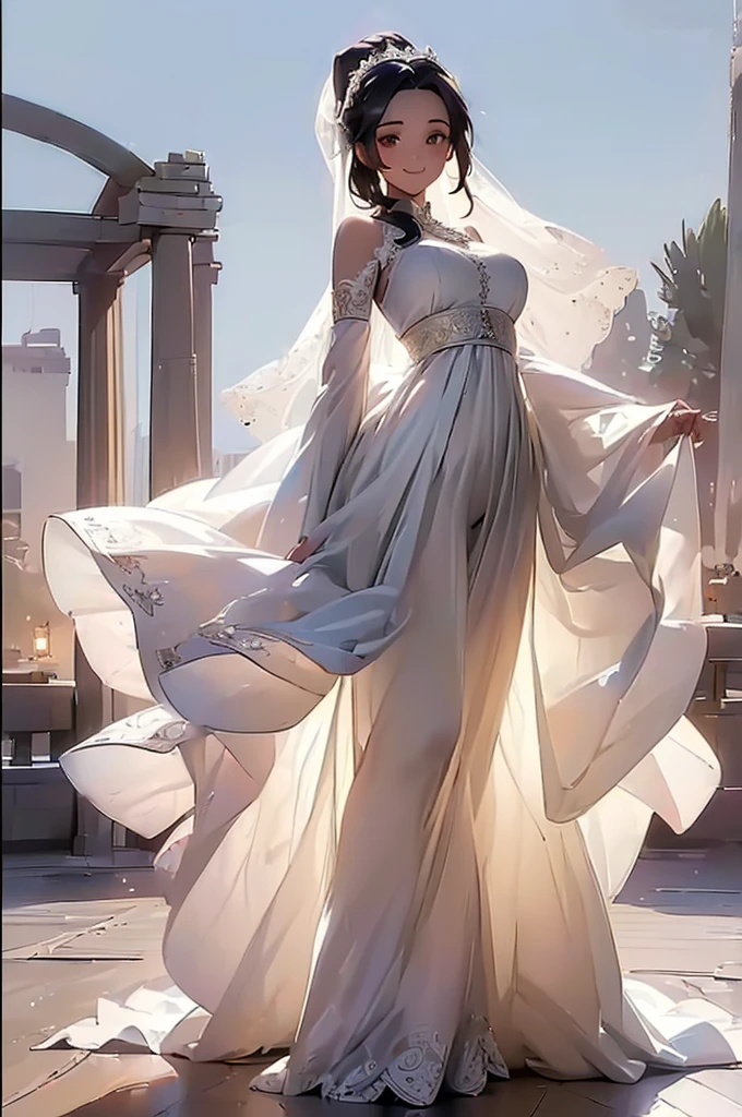 ((((High resolution, Intricate details, masterpiece, 8k)))), (((beautiful, Wedding dress, Shape of Light))), ((One Woman, full body, Smiling)), (Black Hair, Forehead, Long Hair, ponytail, slender, Glowing Skin), from front, looking at viewer, look at viewer, Mountain top, noon, Wind, blue sky,