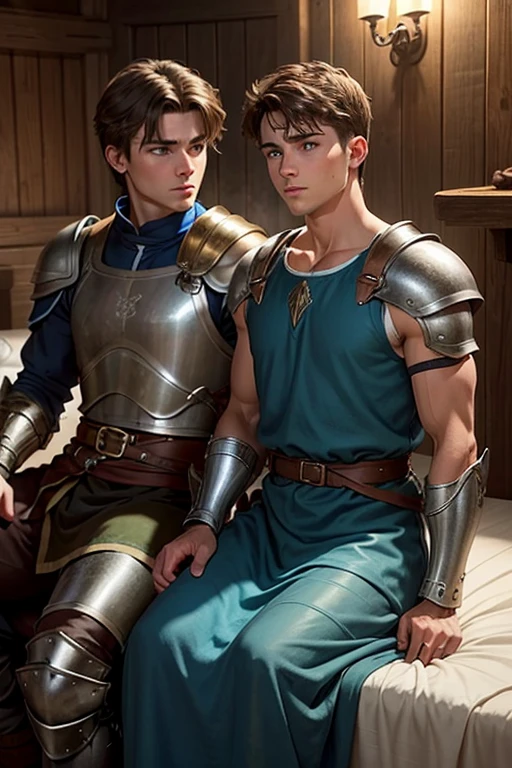 Photo-realistic. A pleased, 16-year-old, handsome, muscular Caucasian man with fade-cut, brown hair, and blue eyes, wearing shabby, sleeveless, leather armor, with metal shoulder guards, boasting, as he tells a dramatic story to a 15-year-old, lean, Caucasian peasant man, with short, brown hair, and blue eyes, in a blue and green tunic, listening in wonder, sitting next to each other on a simple bed, in a rustic inn room, at night.