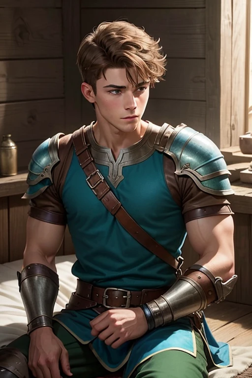 Photo-realistic. A pleased, 16-year-old, handsome, muscular Caucasian man with fade-cut, brown hair, and blue eyes, wearing shabby, sleeveless, leather armor, with metal shoulder guards, boasting, as he tells a dramatic story to a 15-year-old, lean, Caucasian peasant man, with short, brown hair, and blue eyes, in a blue and green tunic, listening in wonder, sitting next to each other on a simple bed, in a rustic inn room, at night.
