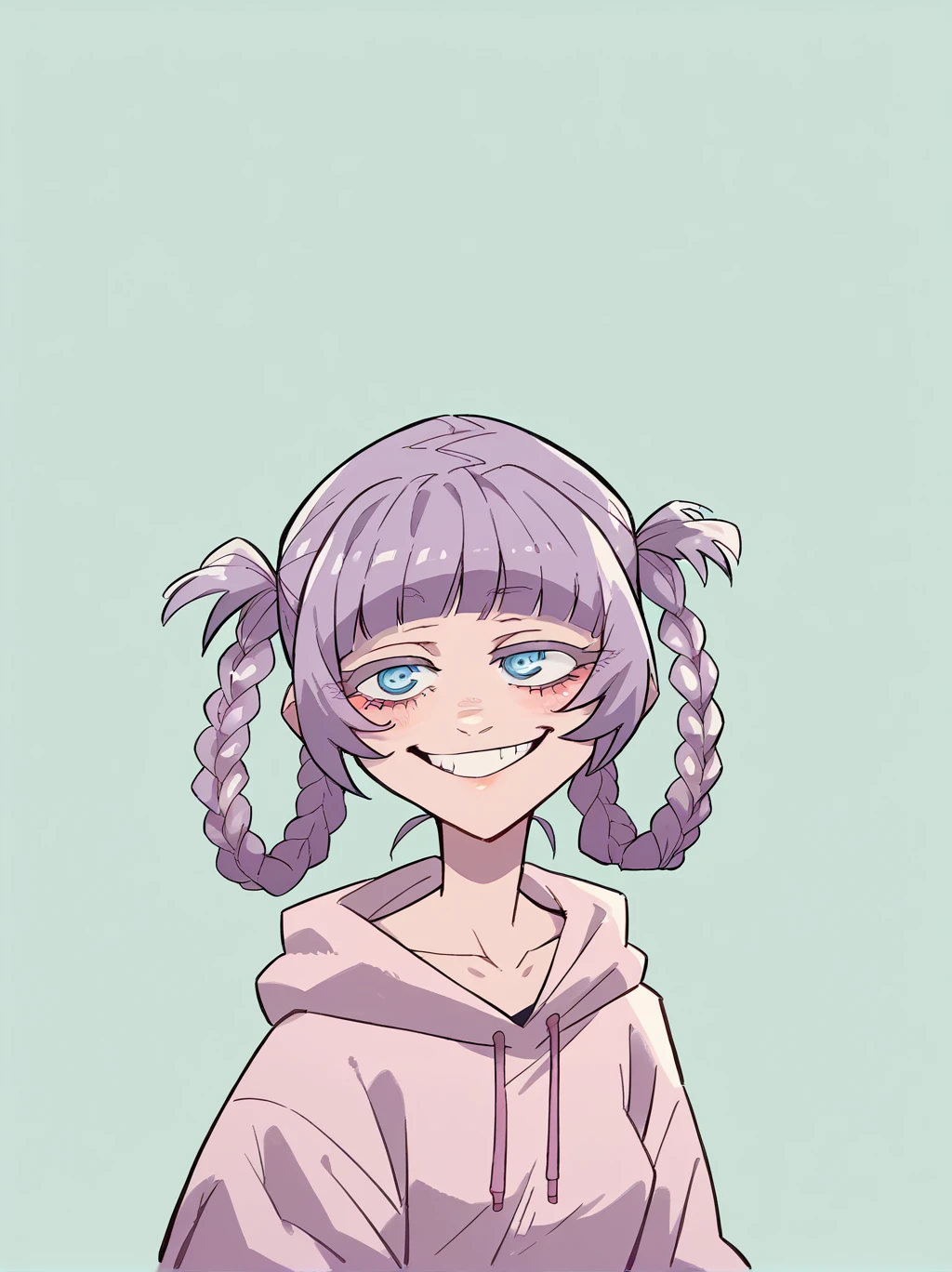 score_9, score_8_up, score_7_up, score_6_up, source_anime, 1girl, nazunaxl, purple hair, braided hair rings, short hair, hair rings, blue eyes, ringed eyes, small breasts, wearing a baggy hoodie, geek style clouths, playfull smile.