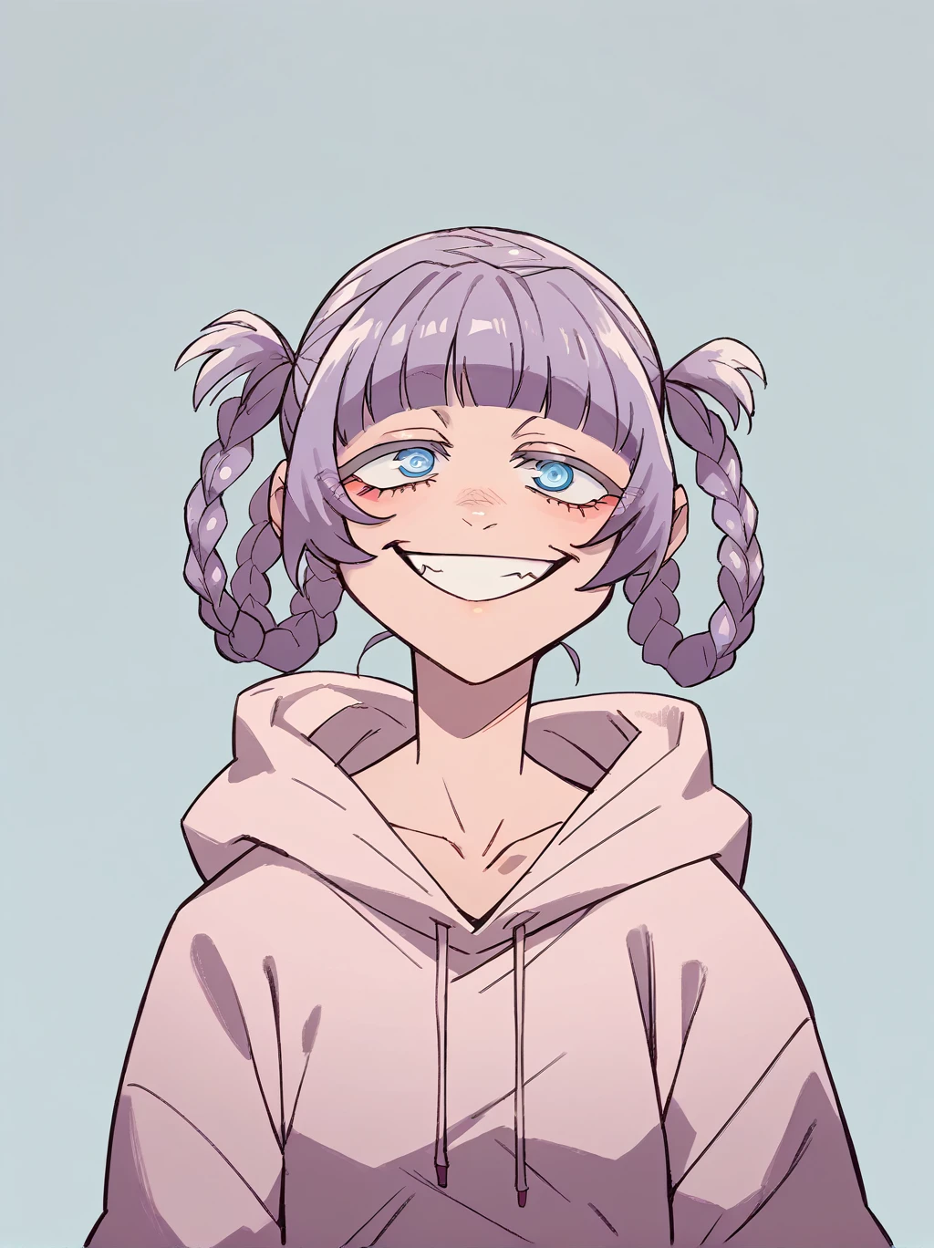 score_9, score_8_up, score_7_up, score_6_up, source_anime, 1girl, nazunaxl, purple hair, braided hair rings, short hair, hair rings, blue eyes, ringed eyes, small breasts, wearing a baggy hoodie, geek style clouths, playfull smile.