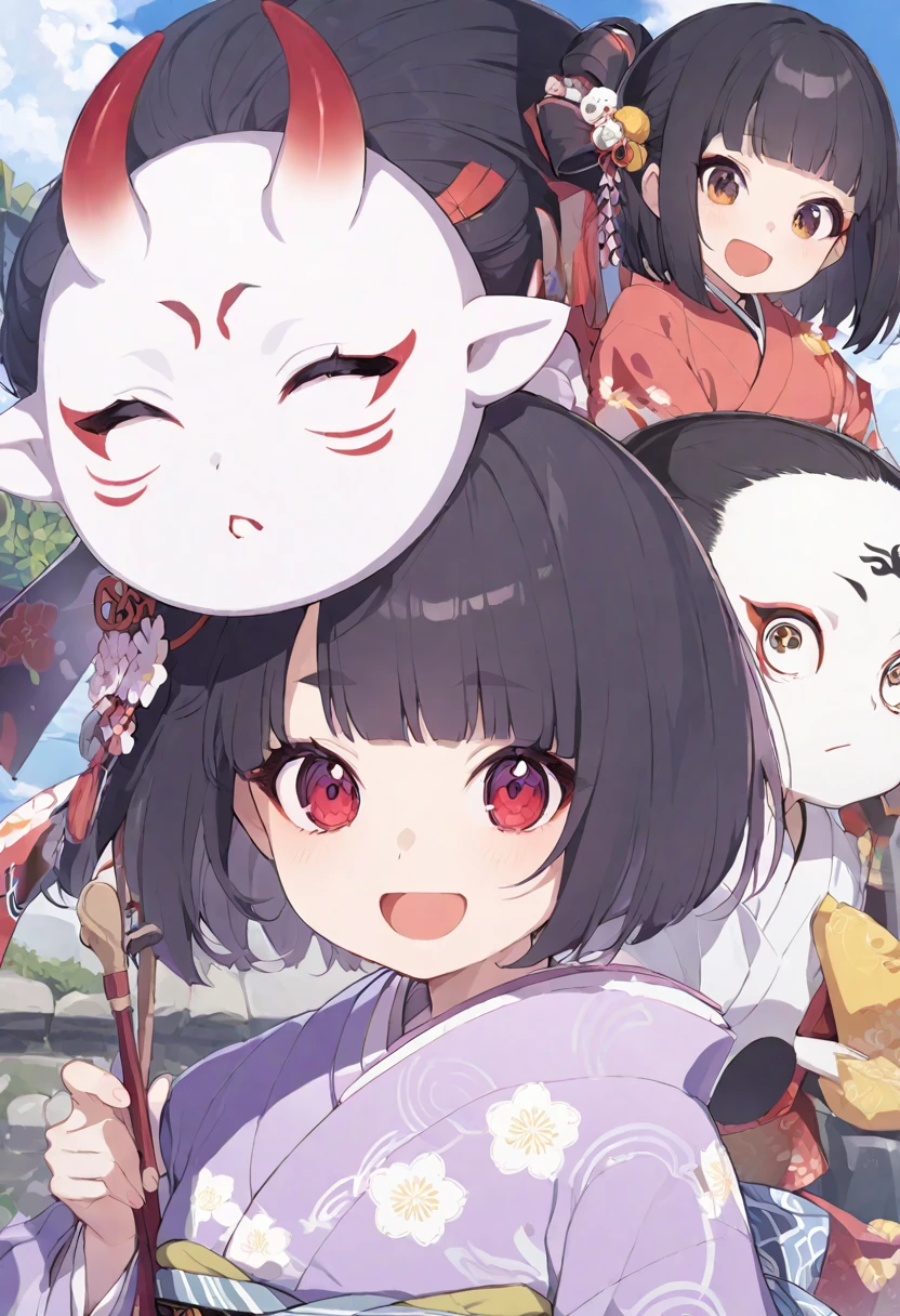 black hair, Bob head, short hair,  girl, kimono, Japan Yokai, Zashiki Doji