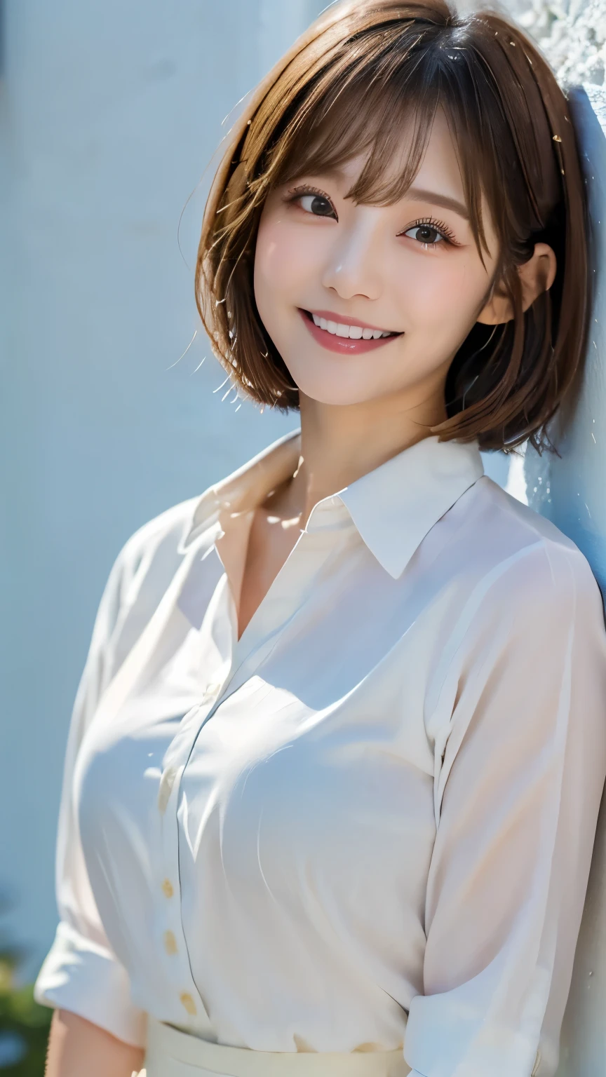 ((Highest quality)), ((masterpiece)), (detailed), Photorealistic、One person, Cute Japanese female idols in their 20s、Fairy short cut hair、Very light brown hair、The bangs are see-through、((Photos for hair catalogue))、Beautiful face、(In front of a white wall in the background)、Natural light、Soft texture、Photographed by a professional photographer、Smiling Face、Casual summer clothes、Upper Body、非常にdetailedな顔, Very fine grain, Extremely realistic skin, 非常にdetailedな指, 非常にdetailedな鼻, 非常にdetailedな口,32K,35mm lens、f/1、(A stylish white shirt that doesn't reveal much) (Various poses)、Ultra-realistic faces、Half Japanese,