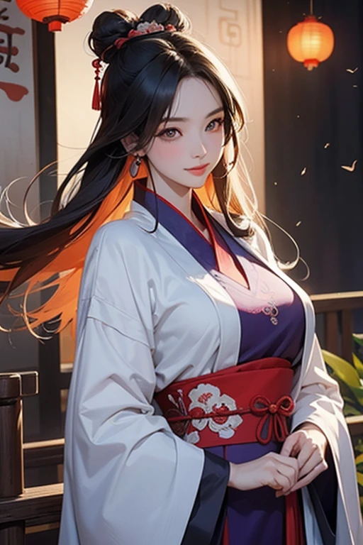 ( High resolution、 Super detailed)、masterpiece、Highest quality、High resolution、8k、Detailed Anime、Buildings from the Tang Dynasty、Tang Dynasty China、Tang Dynasty China、Young and beautiful woman、Beautiful Face、Beautiful Face、Pretty lips、Hanfu、whole body、Hair styled in a bright-colored round bun、Smiling eyes、Walking、Cowboy Shot、background、Buildings from the Tang Dynasty、The city of Chang'an during the Tang Dynasty in China、Plum blossom、river view、Riverside city lights、Lantern Light、Detailed CG、