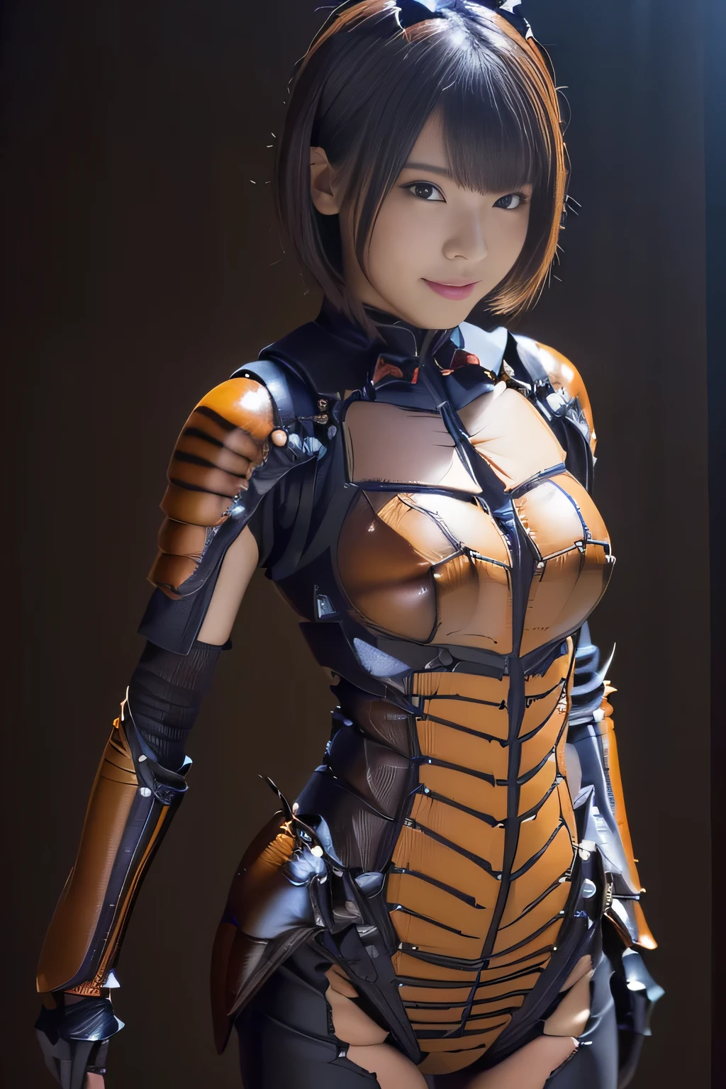 (high resolution,masterpiece,best quality,extremely detailed CG, anime, official art:1.4), realistic, photo, amazing fine details, all intricate, gloss and shiny,awesome many layers, 8k wall paper, 3d, sketch, kawaii, illustration,( solo:1.4), perfect female proportion,villainess, (fusion of dark brown cockroach and lady:1.4), (brown cockroach form lady:1.2), (brown cockroach lady:1.2), (fusion:1.2), (solo:1.4), (evil smile:1.2), muscular, abs, (cockroach brown exoskeleton bio insect suit:1.4), (cockroach brown exoskeleton bio insect armor:1.2), (brown transparency cockroach wing:1.4), (brown cockroach antennae:1.3),