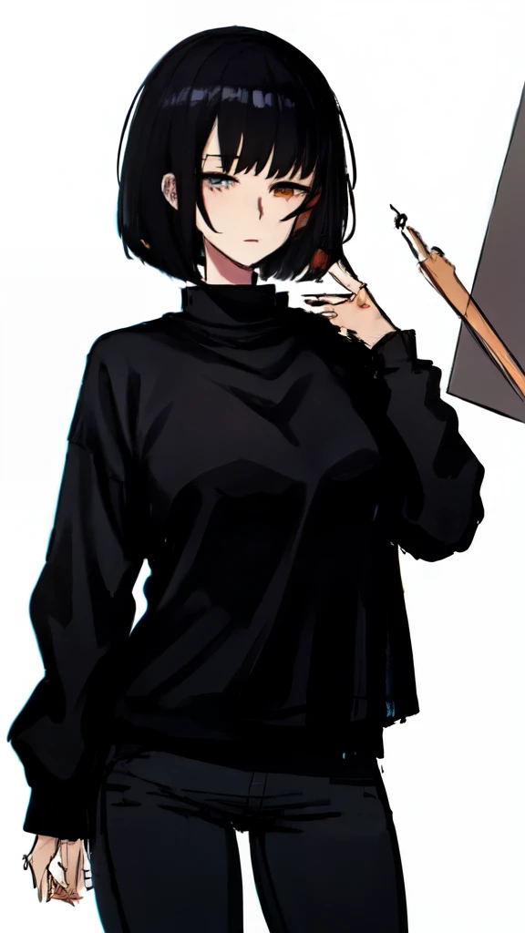 masterpiece, high quality, highres, (sketch:1.4), rough colors, 1girl, dyed hair, split hair, red and black hair, bob cut, ((black sweater)), (black jeans), big breasts