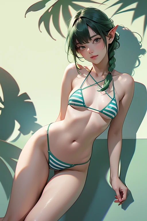 nsfw,(Shooting from a low angle below:1.6),{erotic face,looking away,enchanting smile}, {1 elf_girl,(small breasts:1.2),slender body,thin thighs,(light green colored hair,medium hair,braid hair intricately)},BREAK BREAK,{(partially visible vulva:1.5),(pussy line),(skindantation),(proper nipples:1.05,under_boob:1.4,side_boob:1.4,(Horizontal striped pattern bikini), (very tiny micro bikini:1.2)},BREAK,{(open legs a little:1),(seductive pose:1),(hand on waist)},BREAK,{(Set of tropical coasts),(tropical flowers:1.2),(cast a shadow on the background:1.4)},{bright midsummer sunshine,(Gravure photography:1.4)},{(masterpiece,best quality)}