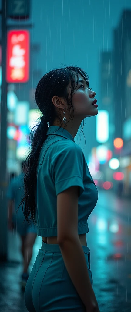 ((32K:1.9, Highest quality, masterpiece, Ultra-high resolution, Photorealistic)), 1 Japan Girl, 23 years old, Street Corner, summer night, (((Typhoon and heavy rain))), Highly detailed face and skin texture:1.2, ((Looking up at the sky, Slender beauty getting wet in the rain:1.4)), (Rain dripping down on my body:1.2, Wet your hair, Wet clothes:1.1, Water droplets on the skin), ((Wet OL uniform in light blue:1.3, Transparent feeling:1.2, The button is not closed, No good)), ((Open Valley, Her big breasts are sticking out)), (Troubled expression:1.2), Wet Pantyhose:1.1, Wet pink panties, Silver Necklace, Blurred Background, ((Very beautiful face)), Upper body only
