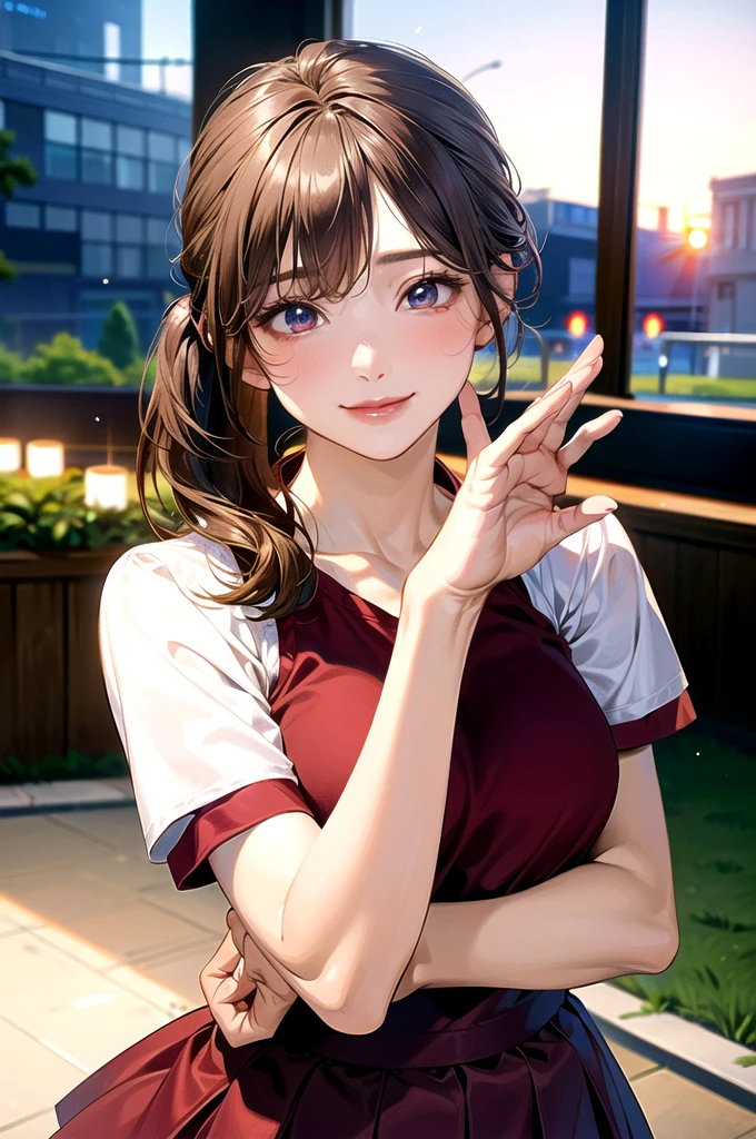 (masterpiece:1.2, top-quality), (realistic, photorealistic:1.4), beautiful illustration, (natural side lighting, movie lighting),
looking at viewer, upper body, (front view), 1 girl, japanese, , perfect face, cute and symmetrical face, shiny skin, babyface,
(middle hair:1.2, side ponytail, light brown hair), gold eyes, (large breasts:0.6, seductive thighs),
beautiful hair, beautiful face, beautiful detailed eyes, beautiful clavicle, beautiful body, beautiful chest, beautiful thigh, beautiful legs, beautiful fingers,
(red gym uniform, buruma,),
(beautiful scenery), evening, sports hall, peace sign, (lovely smile, upper eyes),
