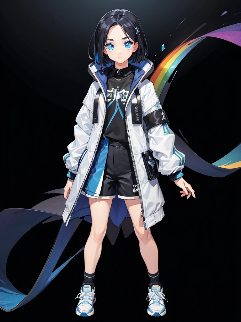 Black background with spotlight, Long eyelashes, Heterochromia iridis,(Blue eyes and rainbow eyes), Young face, White jacket,Medium Hair, I wore shorts、Wear sneakers、Black hair with blue highlights, whole body