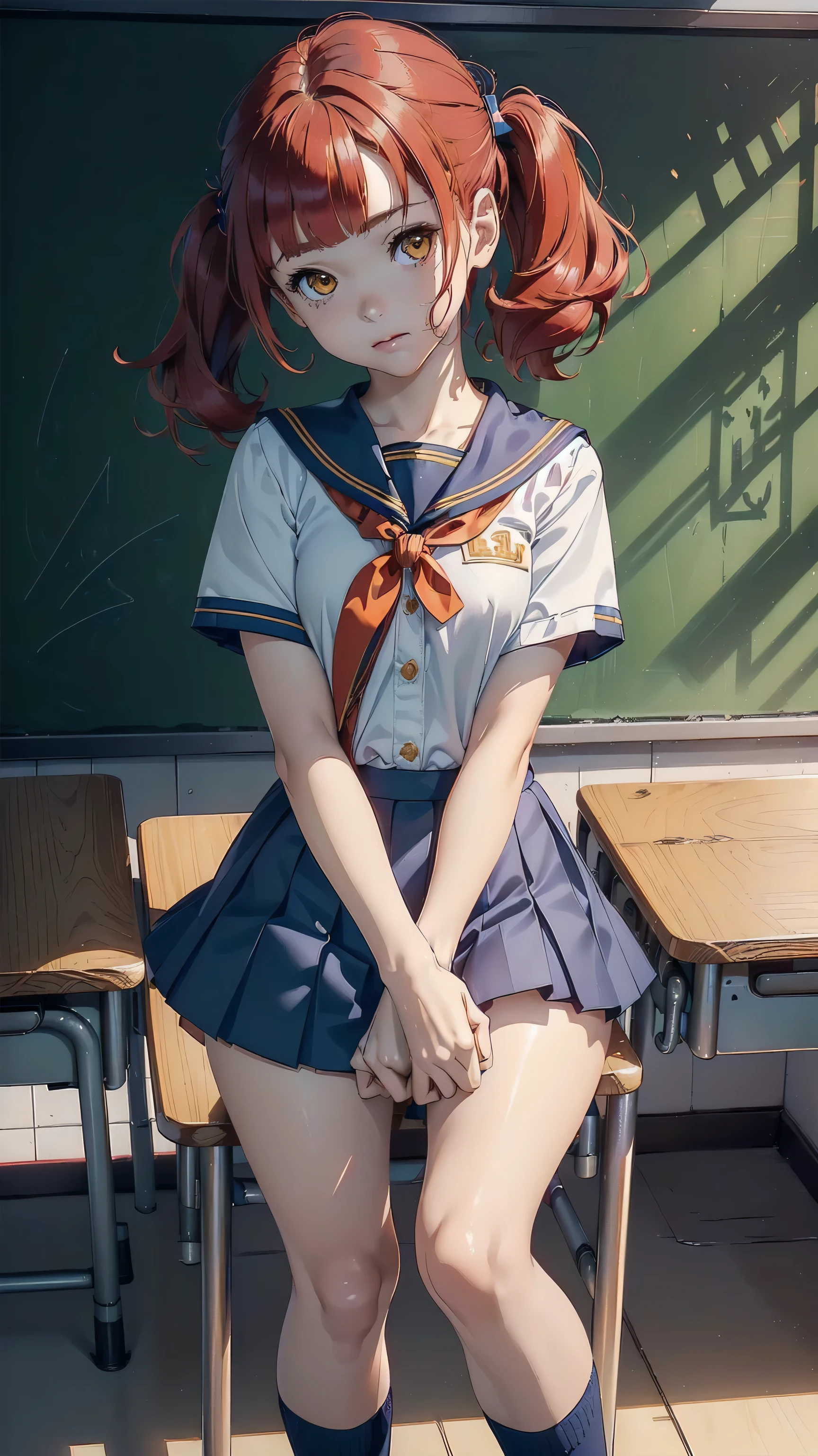 ((top quality, ultra-detailed, high resolution, extremely detailed CG, unity 8k wallpaper, by famous artist, perfect anatomy, super detailed skin, cinematic lighting, UHD, retina, anatomically correct, 1080P)), (Please draw a single one happy girl walking in a classroom school :1.3), ((1girl)), (Solo, face,13-year-old:2.0), a junior high school student, ((cute petit girl, chibi, babyface)) androgynous charm, (Medium hair, ((full red hair)) ((redhead)), pigtails, straight bangs, with a bow in her hair, ((very thin legs)), ((skinny legs, thin body, small build)), Full limbs, complete fingers, ((perfect fingers and hands)), flat chest, small breasts, childish body, small butt, groin, Beautiful detailed full yellow gold eyes, perfect eyes, sailor school uniform, ((blue skirt)) and white blouse, ((red bow on the blouse)), blue sailor collar, short sleeves, stockings, socks outlined with black stripe, shoes, (Detailed Lighting), ((classroom background)), (Detailed scenary background), ((in the school zone)), full body view, ((standing)), legs. Cute, kawaii single girl (one girl), full body shot. ((Background is the school)), front body, ((left hand up, right hand down)), ((little young 13 years old body:1.3))