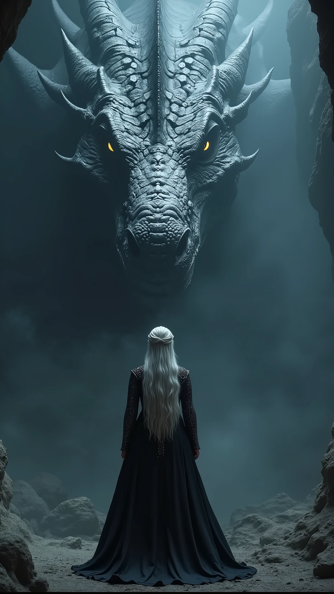 An ultra-realistic and highly detailed image of the head of an enormous dragon rendered with Unreal Engine 5. Only part of its massive head is framed in the image. It remains in the shadows, enveloped in a thick mist. The dragon has bright yellow eyes with snake-like pupils and a sinister, malevolent expression. Its scales are completely black and highly detailed, not reflecting any light. The dragon is resting in a cave. In front of it, Daenerys Targaryen stands with her back to the camera, her long, distinctive silver hair and a long black dress with silver details visible. There is a mist in the air. The image is composed with high contrast and dark colors, featuring a bokeh effect and a vignette effect. The overall mood is somber. Daenerys's face is not shown. The aspect ratio is 9:16, emphasizing the vertical composition 