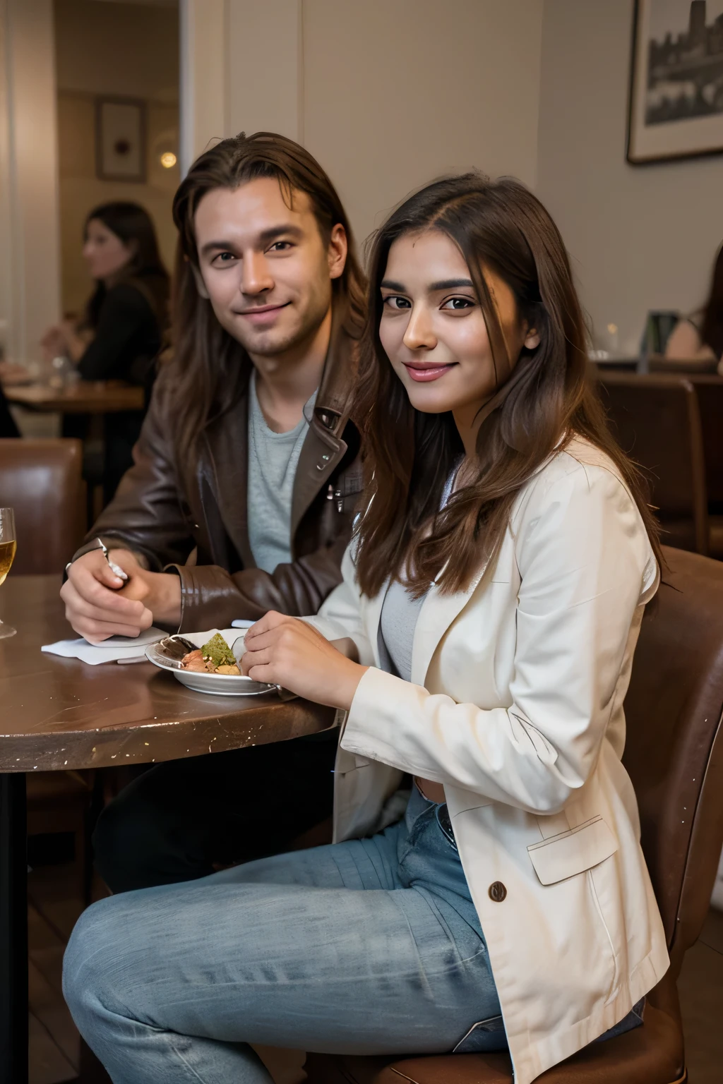 ((best quality)), ((masterpiece)), (detailed),
A 21 year old beautiful Indian girl with long hair smiling face beautiful eyes wearing brown leather jacket and jeans pant and a white British man wearing suit coat pant dress sitting together in a restaurant table for dinner