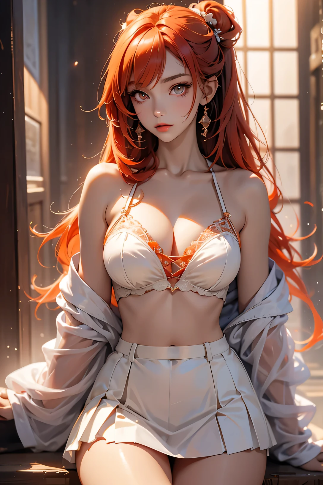 (best quality,high resolution:1.2),Extremely detailed,Practical,photoPractical:1.37,A beautiful girl (Yoruichi Shihouin - Bleach) Fantasy style model,18 years old,Long legs, g cup, Extremely detailed face (Emphasize the orange eyes), dark pink gradually changing to white hair, white short skirt, black bra, exposed shouders, Orange eyes, Red hair roots,White dress