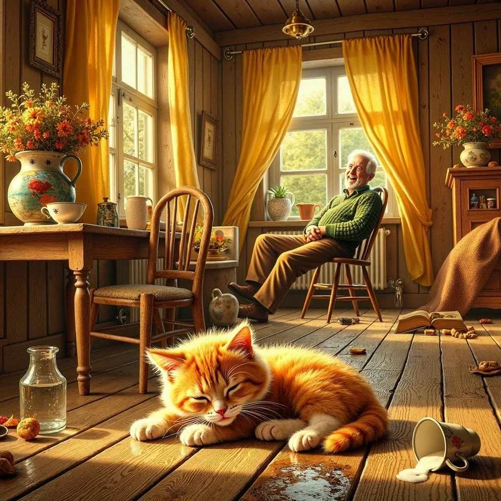 The room of a country house, The curtain has come loose on the window and hangs down from the cornice, An armchair stands in the far corner, a grandfather sits in it , The grandfather laughs and rubs his forehead, A book lies next to the armchair, In the center of the table, a round table from which the tablecloth has slid and the teacups have overturned , One cup on the floor, Boots are near the front door, one boot lies in a small puddle, The second boot is badly scratched
