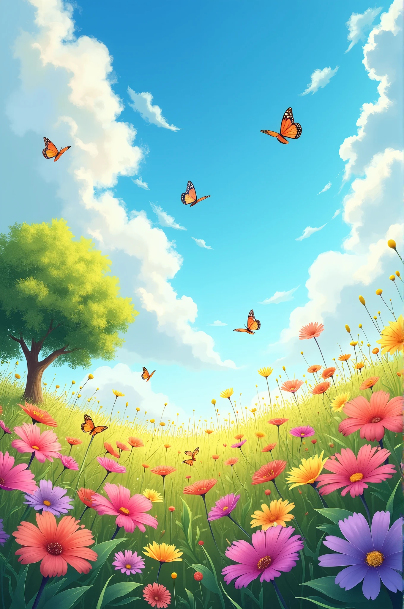 Create a sunny garden with flowers and butterflies and a blue sky with clouds and a little tree on the side