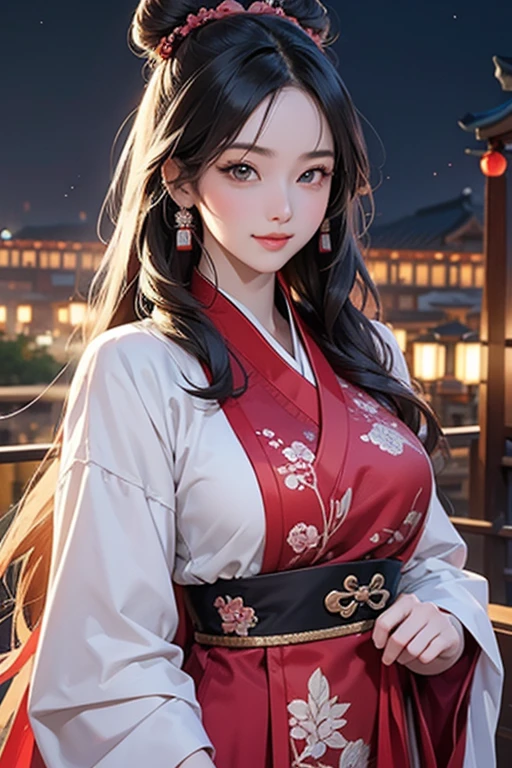 ( High resolution、 Super detailed)、masterpiece、Highest quality、High resolution、8k、Detailed Anime、Buildings from the Tang Dynasty、Tang Dynasty China、Tang Dynasty China、Young and beautiful woman、Beautiful Face、Beautiful Face、Pretty lips、Hanfu、whole body、Hair styled in a bright-colored round bun、Smiling eyes、Walking、Cowboy Shot、background、Buildings from the Tang Dynasty、The city of Chang'an during the Tang Dynasty in China、Plum blossom、river view、Riverside city lights、Lantern Light、Detailed CG、