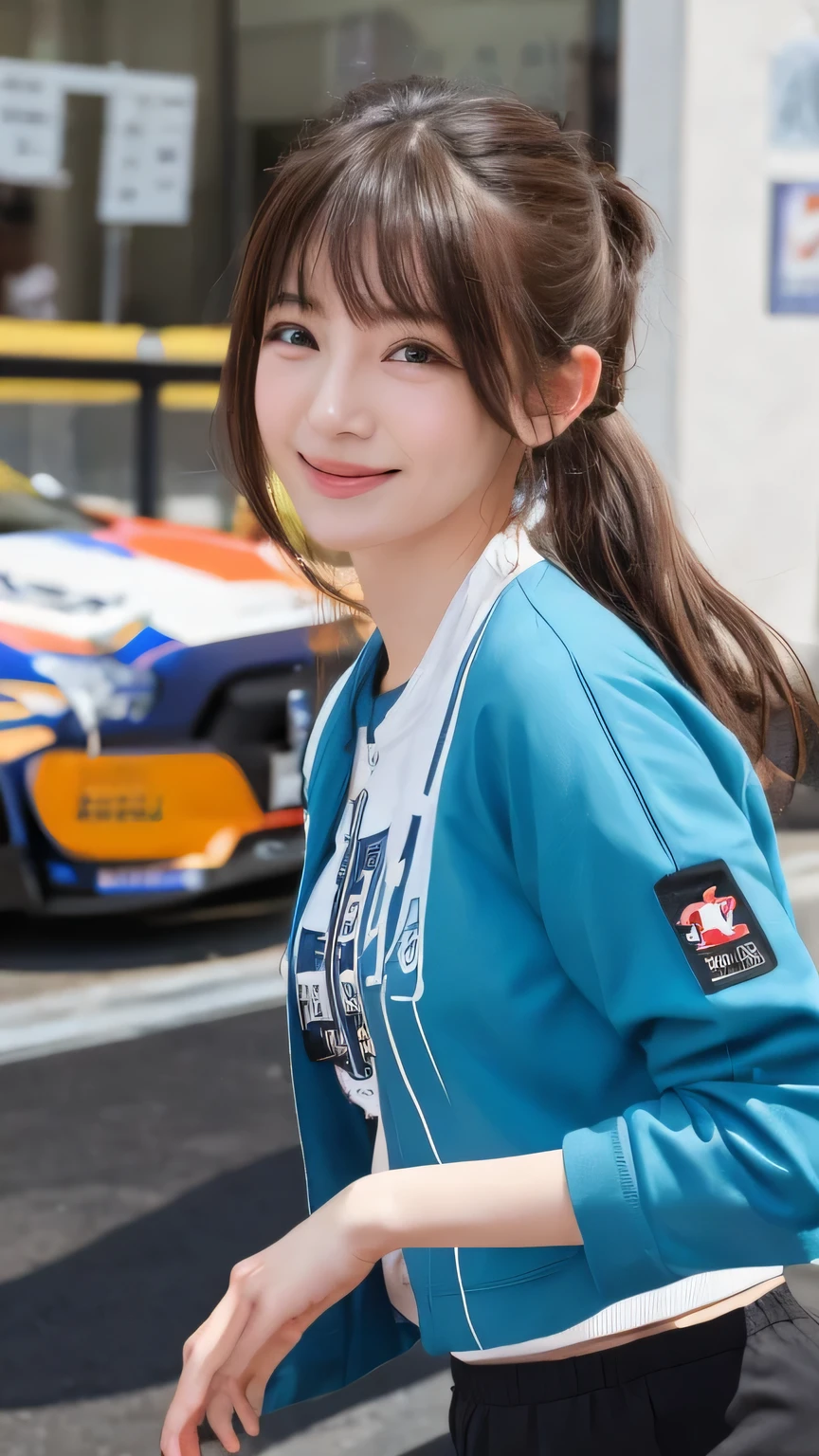 Best image quality (8k, High resolution, masterpiece: 1.2), Very detailed, Random Hairstyles, 26-year-old woman,
Extraordinary beautiful girl、Cute and beautiful face details、(Dealing with the Children_v1:0.008)、
score_9, score_8_upper, score_7_upper,
A Nissan GT-R running on the circuit
Situation: The moment a Nissan GT-R races at high speed on the circuit。Tire smoke and reflections on the car body create a sense of speed。
Camera angle: Expressing speed with a panning shot from the side、Blur the background。
,Active stop temporarily ,
On her side、The thunder danced。
Focus on the upper waist
, Random cute poses ,Big eyes ,Puffy eyes , Heart pupil, blush , Big shy smile , salute