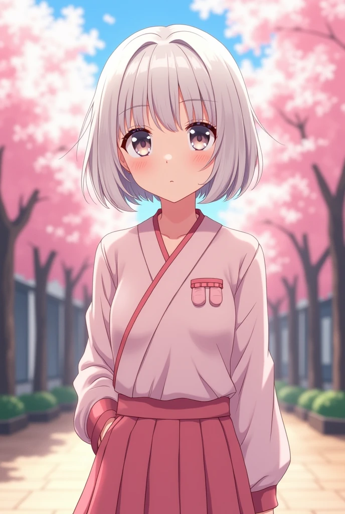 Make an image of a teenage girl with short, straight, white hair that reaches her shoulders., that have big, grey eyes, Her skin must be white and she must have the typical Japanese student uniform but in a pink theme., Also put pink and tender yk2 accessories on it. It should be anime and look a little innocent without being so anime at the same time., that it looks like the style of Genshin Impact and that the pink is very light
