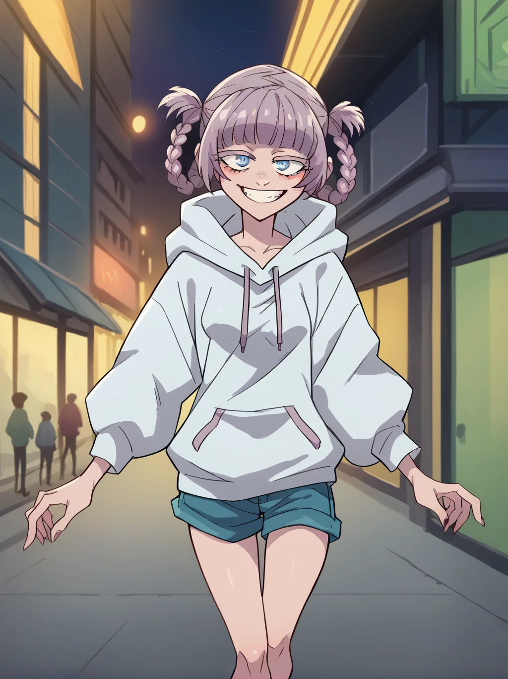 score_9, score_8_up, score_7_up, score_6_up, source_anime, 1girl, nazunaxl, purple hair, braided hair rings, short hair, hair rings, blue eyes, ringed eyes, small breasts, wearing a baggy hoodie, black, geek style clouths, playfull smile, walking in the city, shorts.