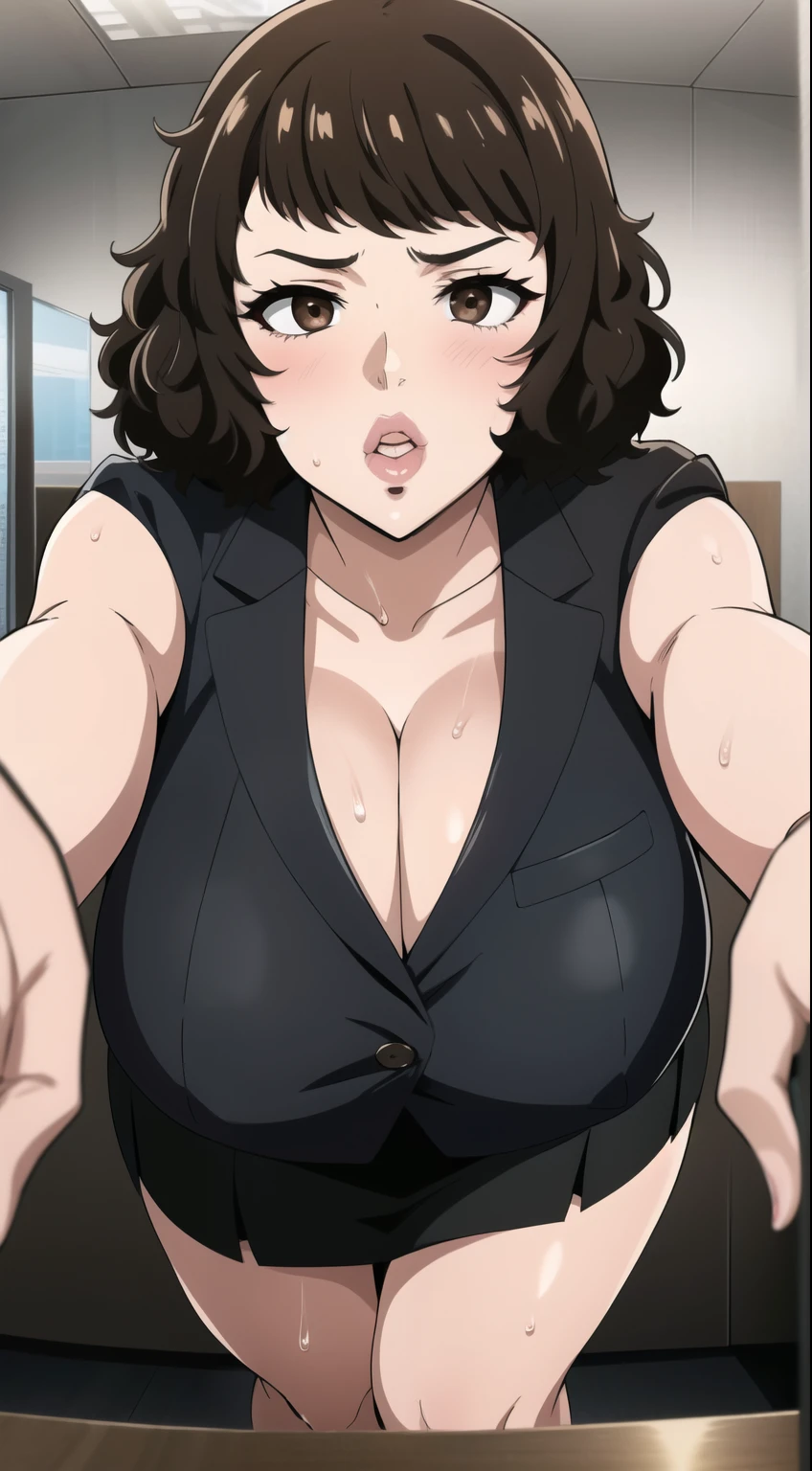 masterpiece, 1 person, alone, Shortcuts, , Sadayo Kawakami (persona 5) 、Big Breasts, Mature Woman, Glare,Sharp eyes, Brown Hair、Brown eyes, Half-open eyes,Empty Eyes LoRA / Hollow / Hypnotic suggestion,Black office suit,Black tight skirt,Thick thighs,Sweaty,Stuffy stuffiness,全身Sweaty,Ahegao, POV Kiss,Book Kiss,Thick lips,