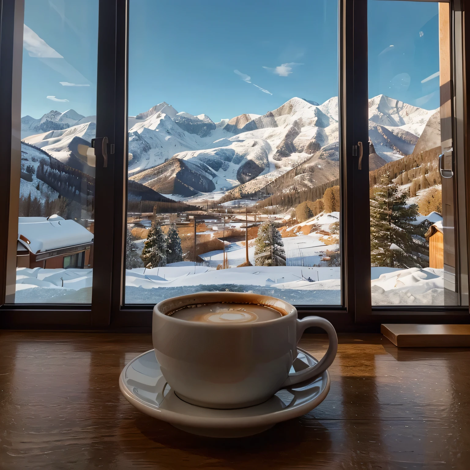 There is a cup of hot coffee in the foreground, Winter mountain scenery as background of window view