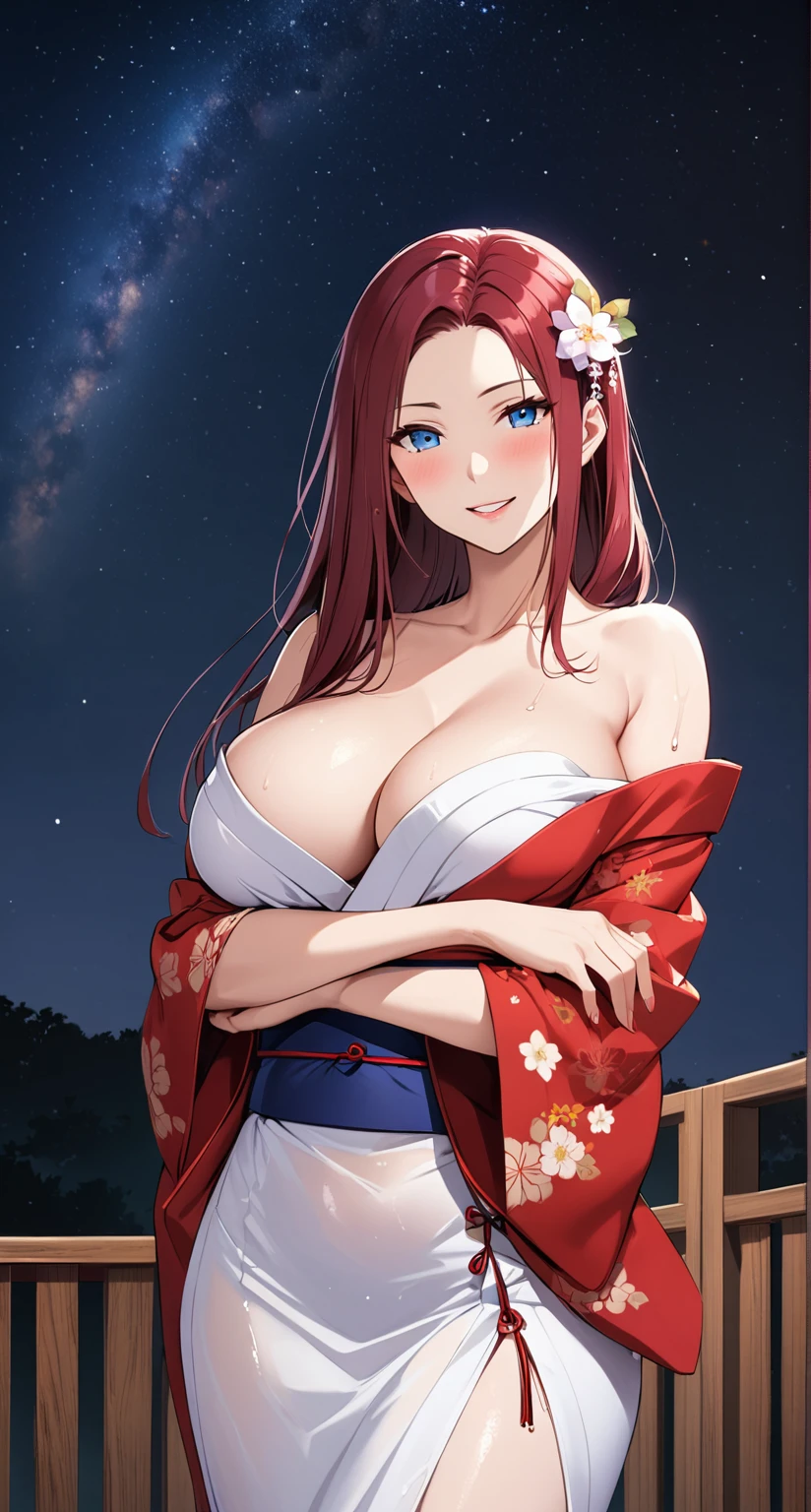 solo, long hair, breasts, looking at viewer, blush, bangs, large breasts:1.6, hair ornament, cleavage, blue eyes, full body, clip on hair, laughter ,parted lips, japanese clothes, kimono, mole, mole under eye, kushina ,curve body,milf,motherly,mature female,night sky ,standing , leaning toward front,cross hand holding kimono,untied kimono, cowboy shot,kimono off the shoulder,oil skin, Milky white skin,wet dress ,wet body, mercenary pose,face on front