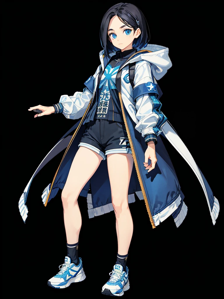 Black background with spotlight, Long eyelashes, blue eyes, Young face, White jacket,Medium Hair, I wore shorts、Wear sneakers、Black hair with blue highlights, whole body