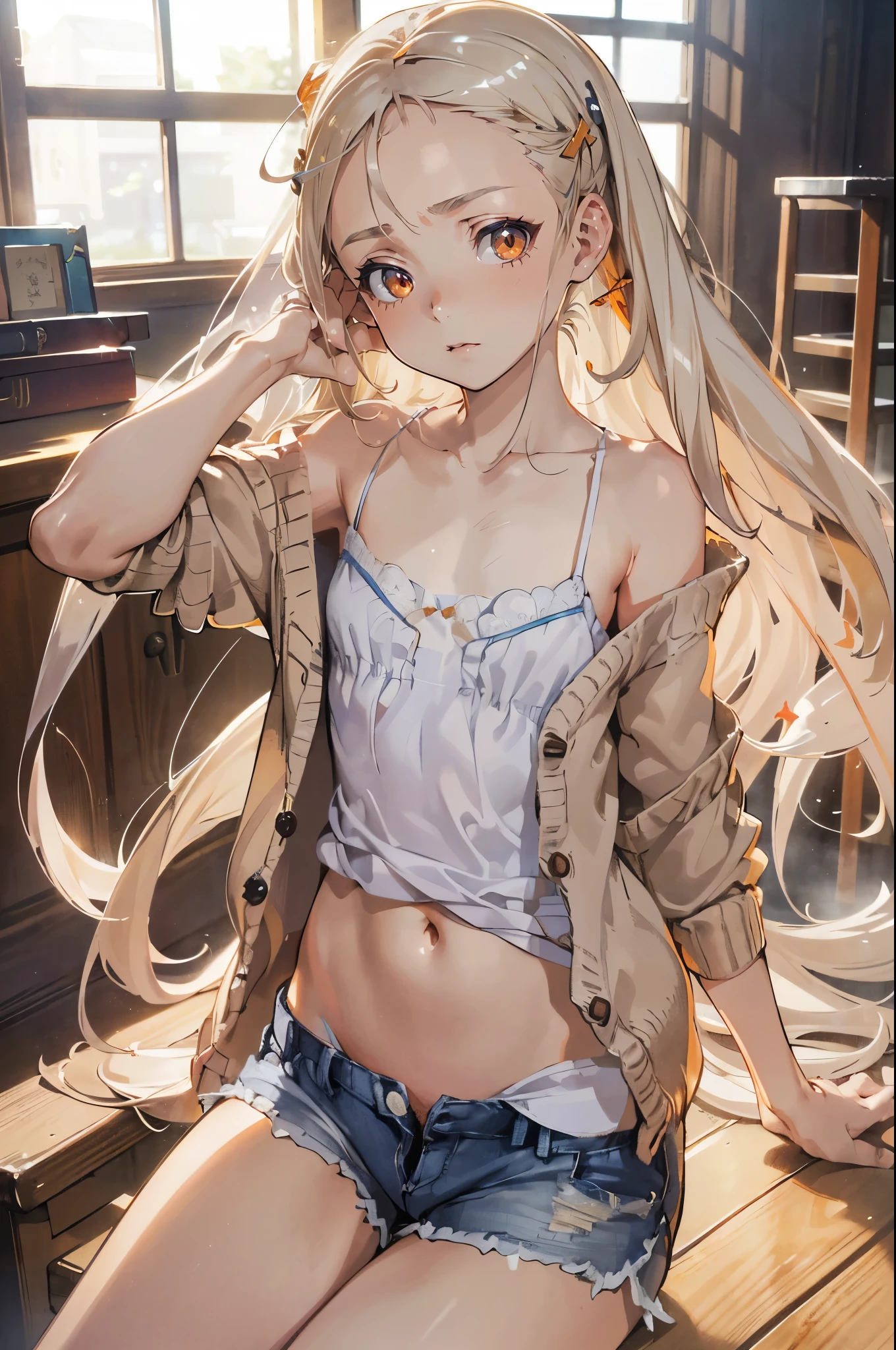 Photorealistic:1.5, Beautiful woman, hairstyle that bounces outward, (platinum blond hair:1.5), (forehead:1.1), (amber color eyes:1.5), (sleepy face:1.2), (tilt one's head:1.5), (hairpin:1.1), (masterpiece:1.3), (best quality:1.3), high-resolution, Head-on angle, Body facing forward, solo, beautiful detailed eyes, mid day, (((best quality, textile shading, ultra detailed))), extremely detailed CG unity 8k wallpaper, Highly Detailed beautiful and aesthetic, high resolution, detailed, dramatic lighting, 1Character, soft, gentle colors, (flat chest:1.5), (white camisole:1.5), (blue shorts:1.5), (Navel peeking out a little:1.2), (super long hem summer cardigan:1.5), (skinny:1.5), blur background, classroom, sitting on the chair,