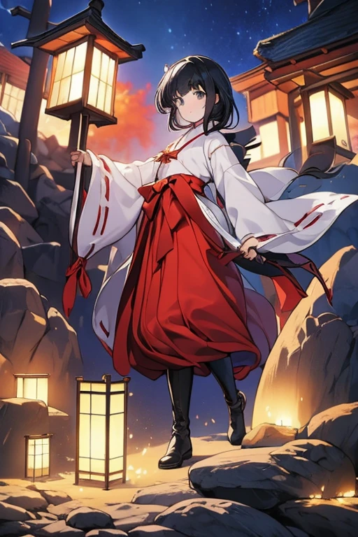 Highest quality, Very detailed,masterpiece,anime, Ultra-high resolution,If you look closely at the eyes, Best illustrations, A very condensed individual, （Very delicate and cute face）、Character portrait、Full body portrait、beautiful girl，Shrine maiden，Japanese、Black hair, medium length, reaching the shoulders，Green Eyes、黒タイツと黒いインナーシャツの上に伝統的なShrine maiden服を着ている、Leather long boots、Standing with a wooden sword drawn、No background、Characters only、