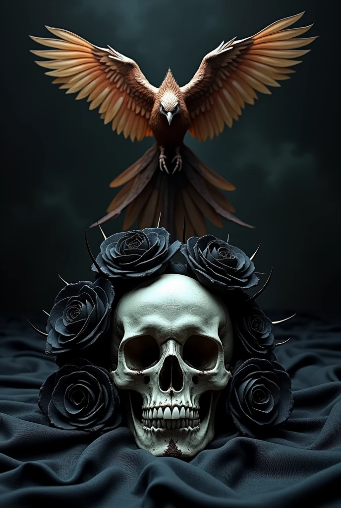 A human skull adorned with black roses and thorns, black lotus flowers fallen beside it, a large phoenix soaring above the skull, on a black background, (best quality,4k,8k,highres,masterpiece:1.2),ultra-detailed,(realistic,photorealistic,photo-realistic:1.37),intricate details,dramatic lighting,moody atmosphere,dark fantasy,gothic,cinematic,somber,melancholic
