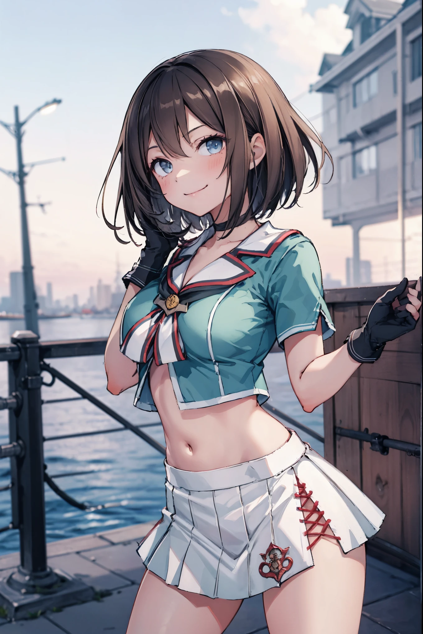 1young_teen_ girl, , brown_hair, medium_bob_hair, blue_midriff_baring_sailor_uniform, mini_skirt, short_sleeve, thighs, gigantic_breasts, (angry:0.6), smile,nihil,dynamic_posing, harbor_landscape_background, slightly_spread_Legs, happiness, short_gloves,,covered_nipples, covered_crotch,happy,